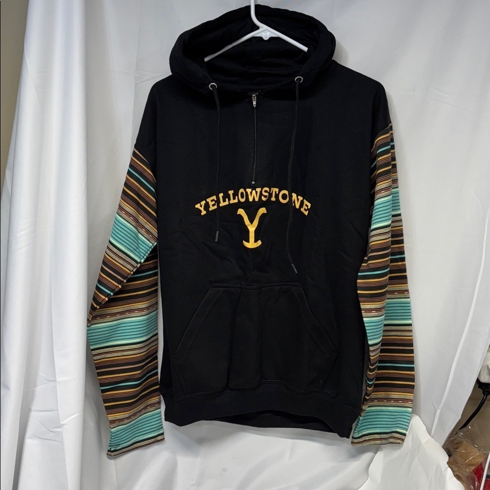 Yellowstone Black mid zip up Hoodie with Striped long Sleeves small - Picture 3 of 11